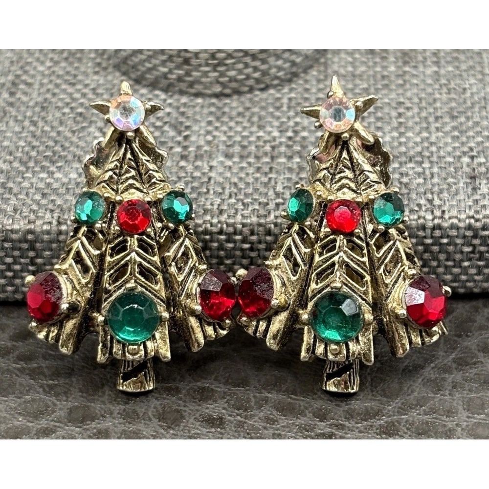 VTG Hollycraft Christmas Tree Rhinestone Clip-On Earrings Red Green Gold Tone
